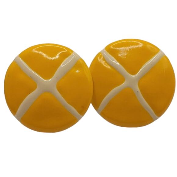 Vintage Yellow Summer Earrings Enamel Metal Round Disc Pierced Runway Statement - Picture 1 of 5